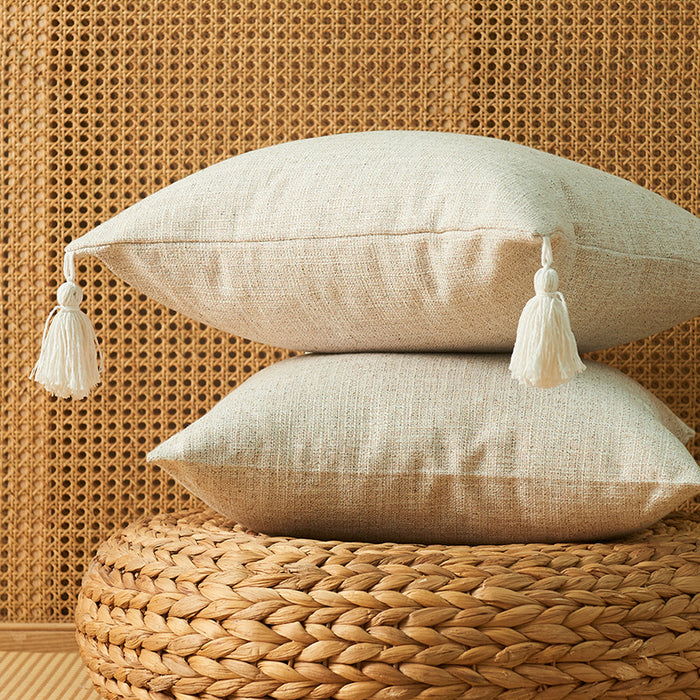 SH - Japanese Solid Color Cotton And Linen Tassel Pillowcase Home Simple Art Style Square Pillow Cushion Cover Without Core - Pillow